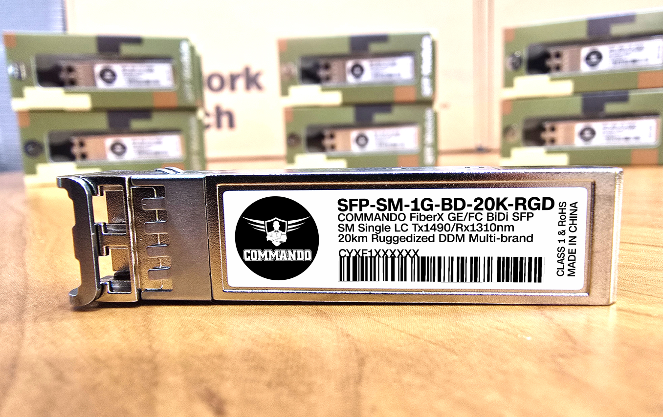 SFP-SM-1G-BD-20K-RGD COMMANDO FiberX GE/FC BiDi SFP, SM, Single LC, Tx1490/Rx1310nm, 20km, Ruggedized, DDM, Multi-brand
